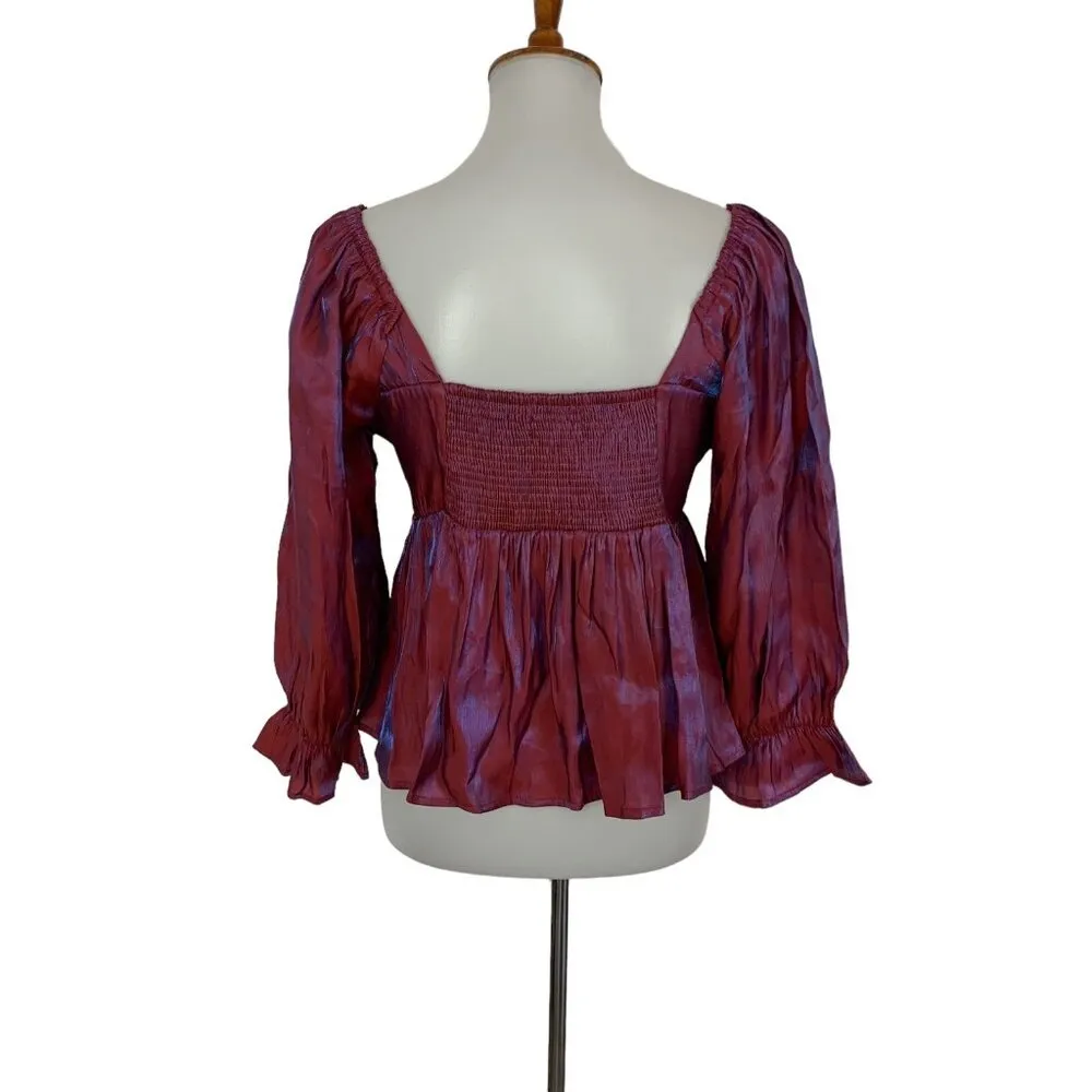 Dang Sassy Boutique Purple Red Peplum Blouse L Deep V Neck Long Sleeve Party Top Size L - Image 4