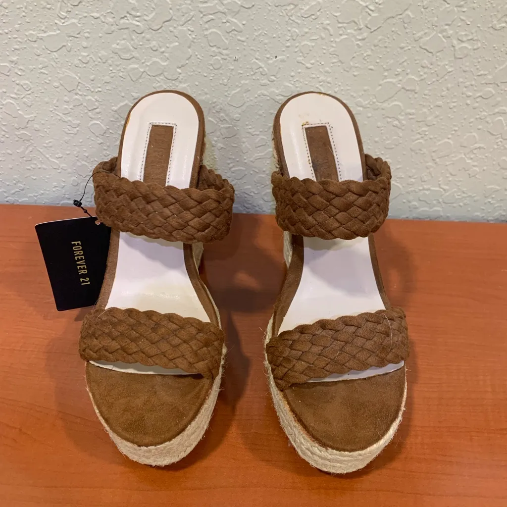 Brown Woven Wedge Sandals - Image 2