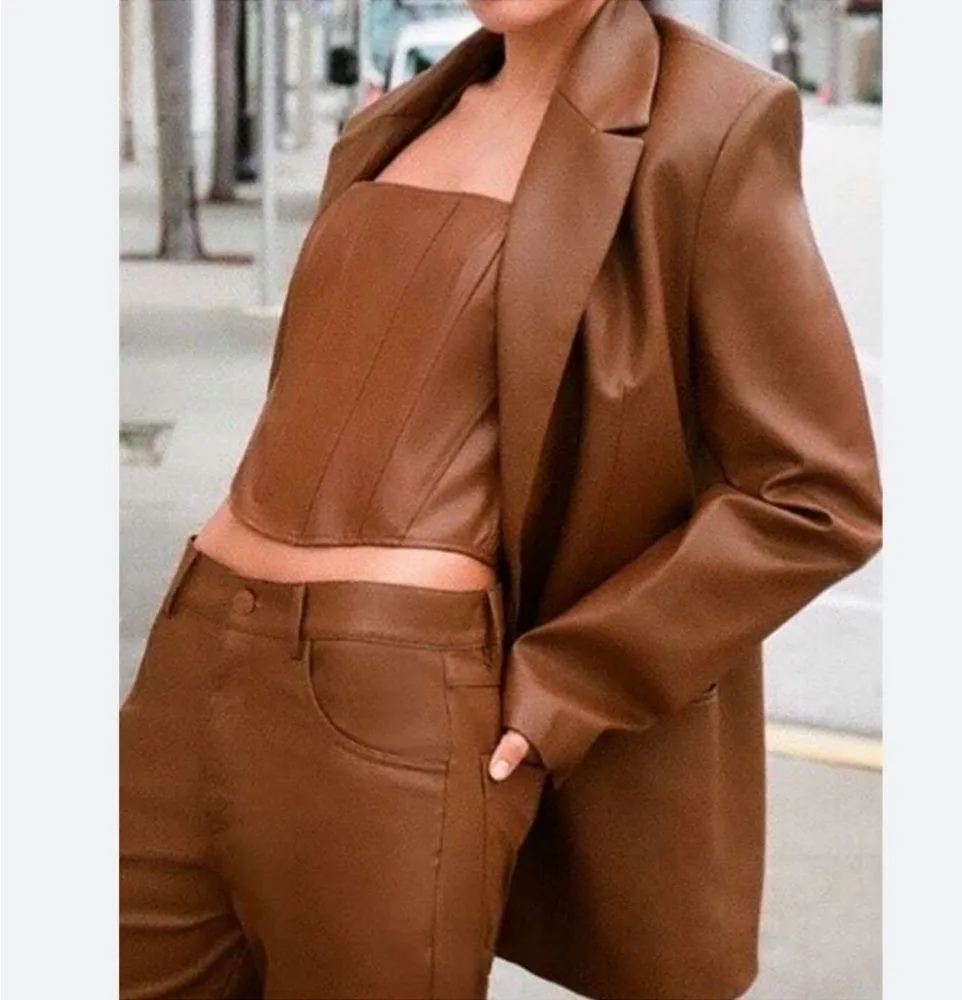 Zara FAUX LEATHER MENSWEAR STYLE BLAZER Brown Size S NEW - Image 6