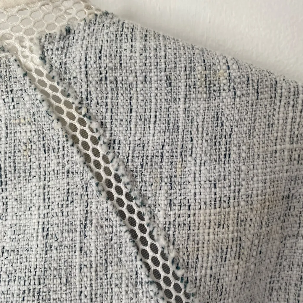 Elie Tahari Mixed Media Blue Tweed Cream Faux Leather Mesh Jacket Blazer size XS - Image 10