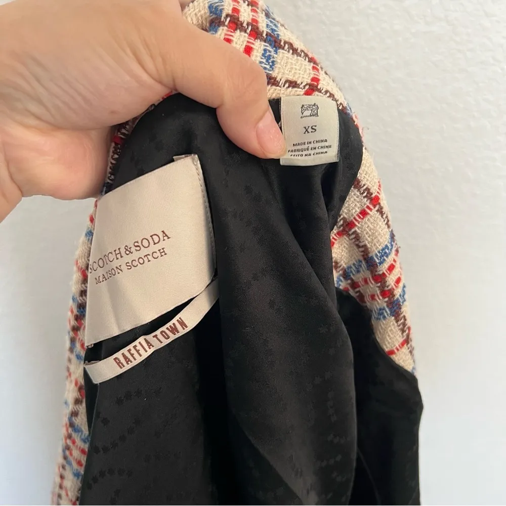 Scotch & Soda Tweed Plaid Blazer Cream Red Blue XS - Image 6