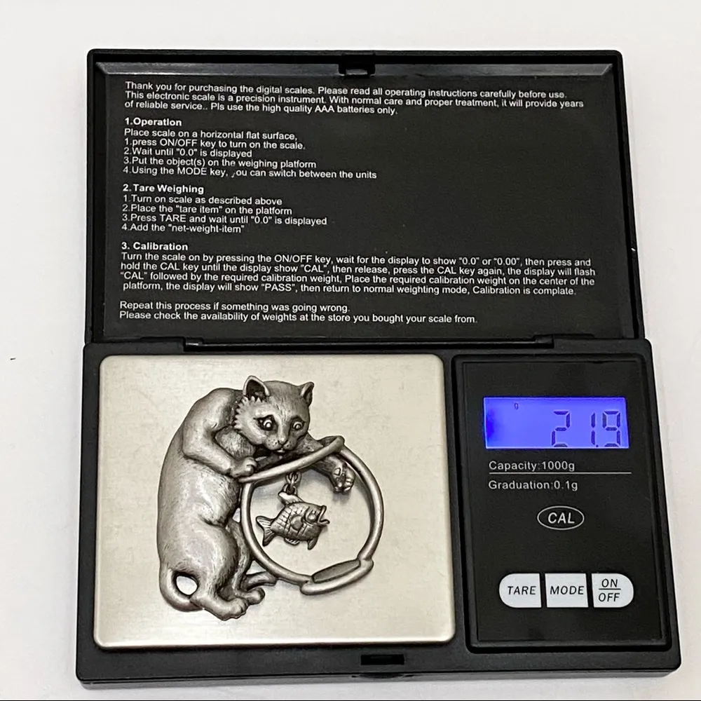 JJ Signed Pewter Cat Catching Fish In Bowl Brooch - Image 9