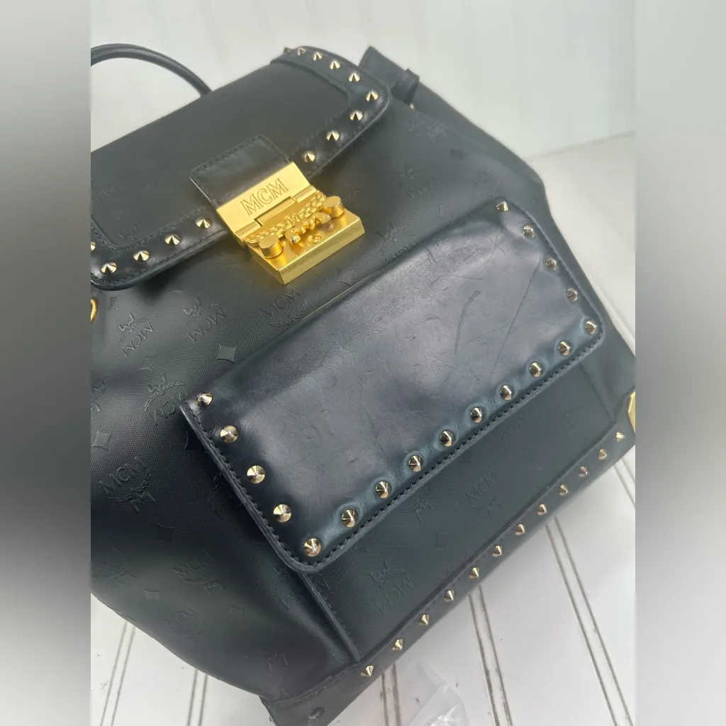 MCM Vintage Black Leather Studded Backpack with Gold-Tone Hardware - Image 6