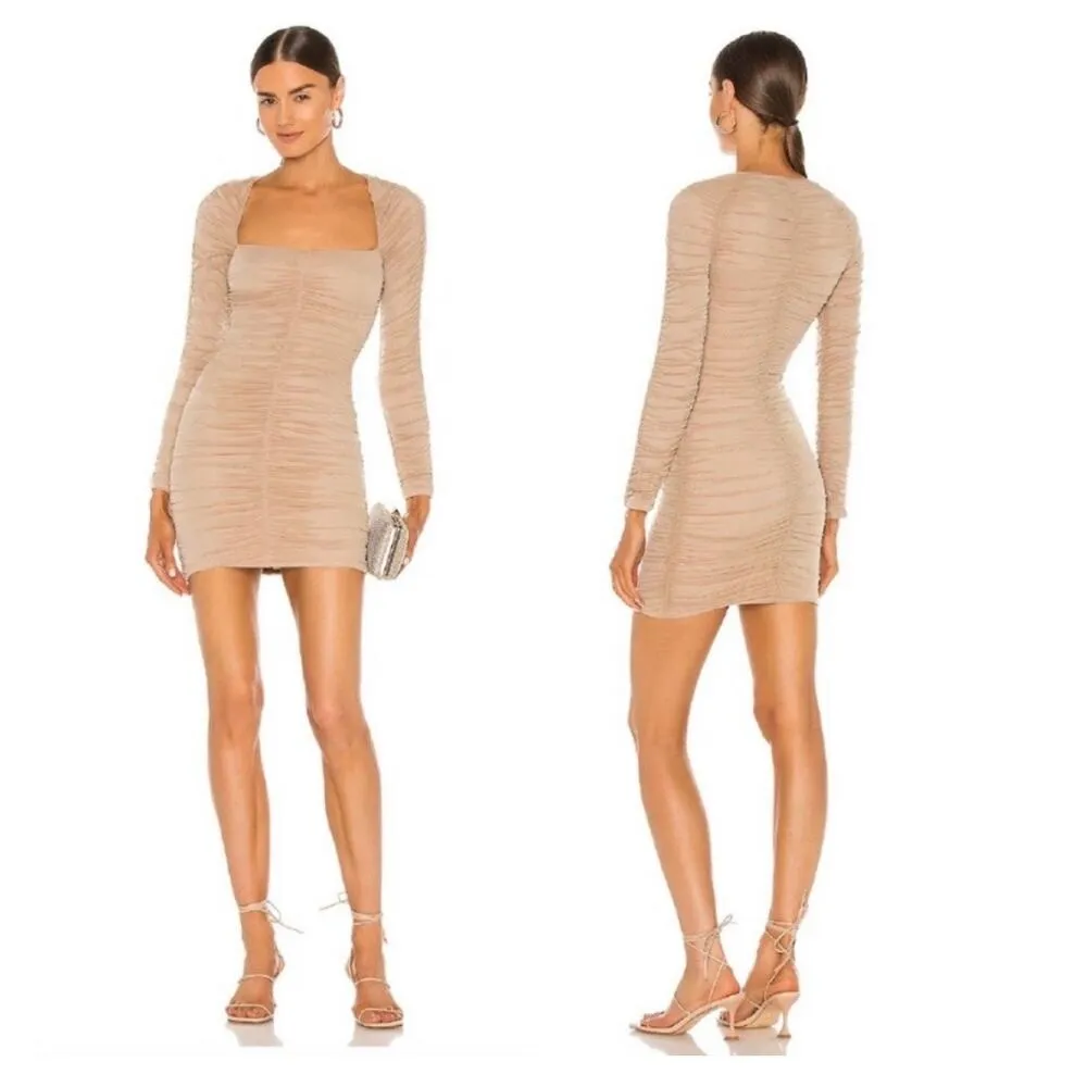 NWT Michael Costello REVOLVE Franky Mini Dress Taupe Size XS Ruched Long Sleeve Tan - Image 13