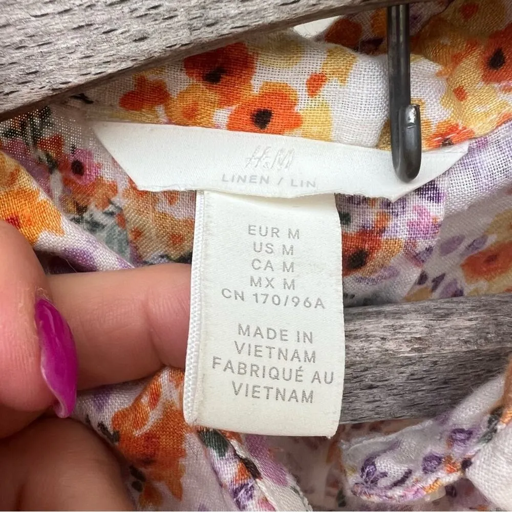 H & M linen floral crop boxy airy button up short sleeve shirt MEDIUM - Image 6