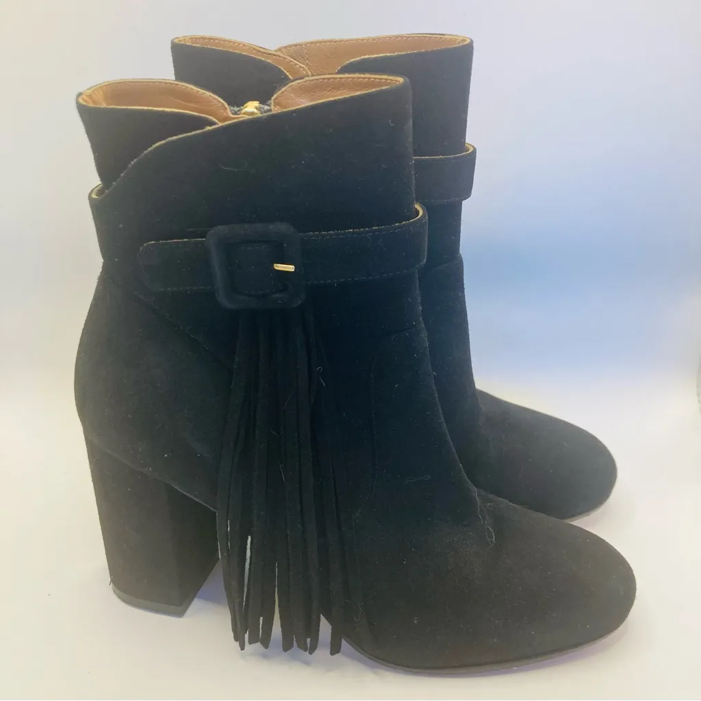 Aquazzura black suede heeled boots with fringe detail at buckle. Size 36/6 - Image 8