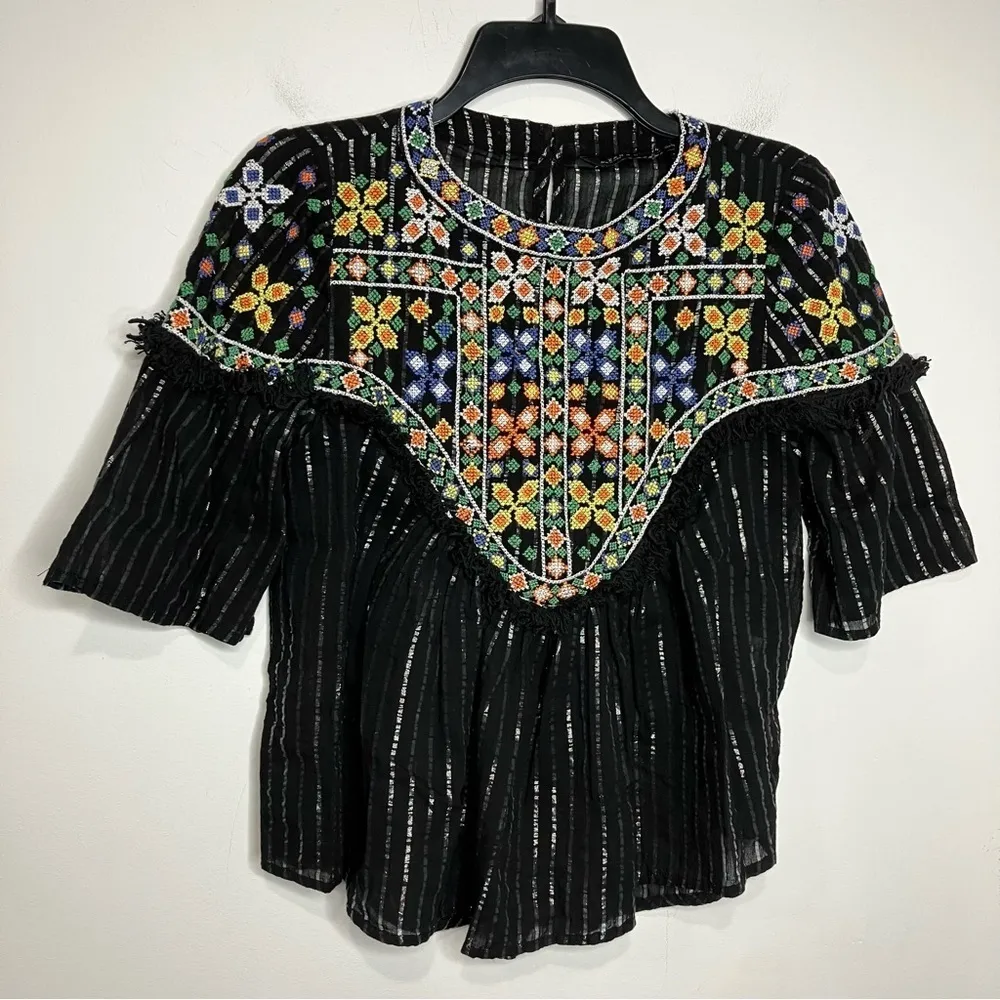 Zara boho metallic striped fringe embroidered blouse‎ size small - Image 2