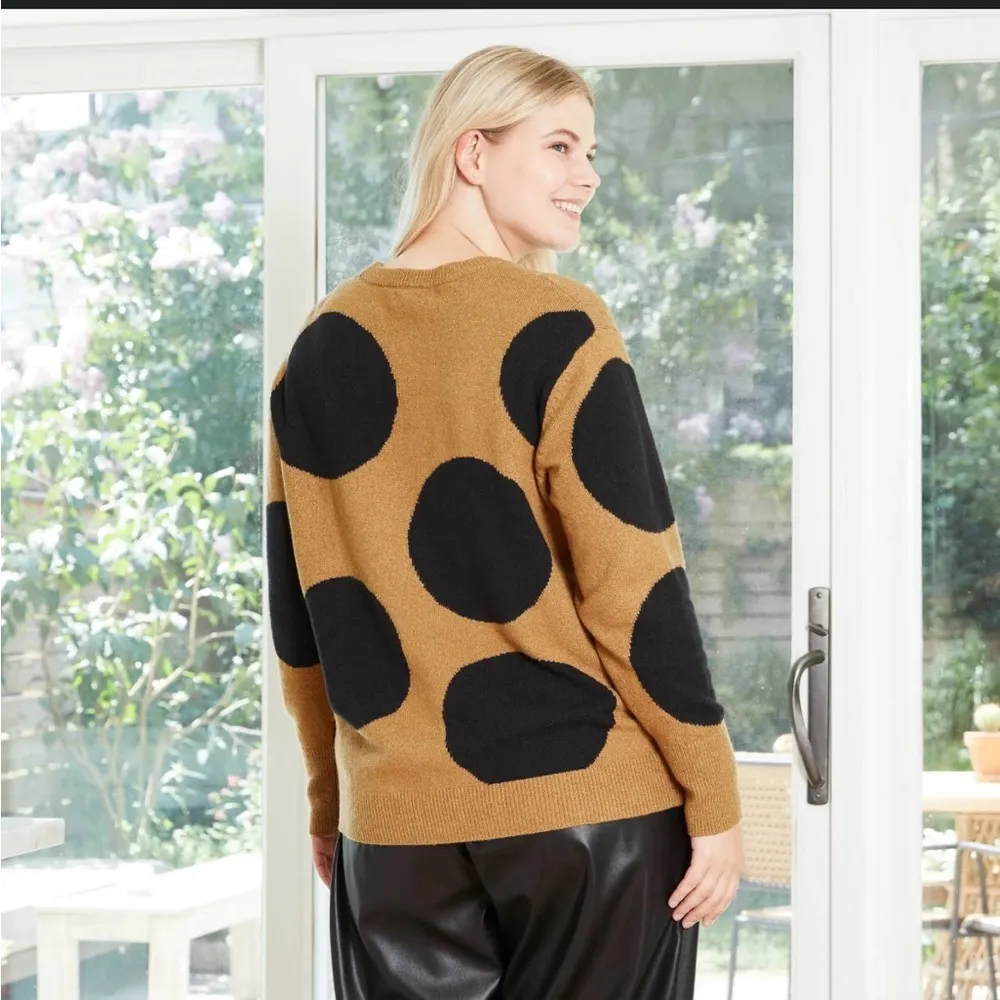 Who What Wear Brown + Black Polka Dot Crew Neck Sweater - Image 5