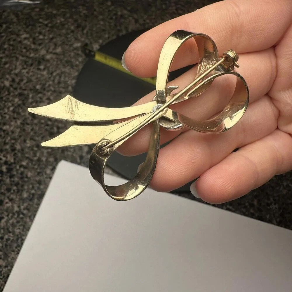 Vintage Rhinestone Bow Ribbon Gold Tone Brooch Pin - Image 9