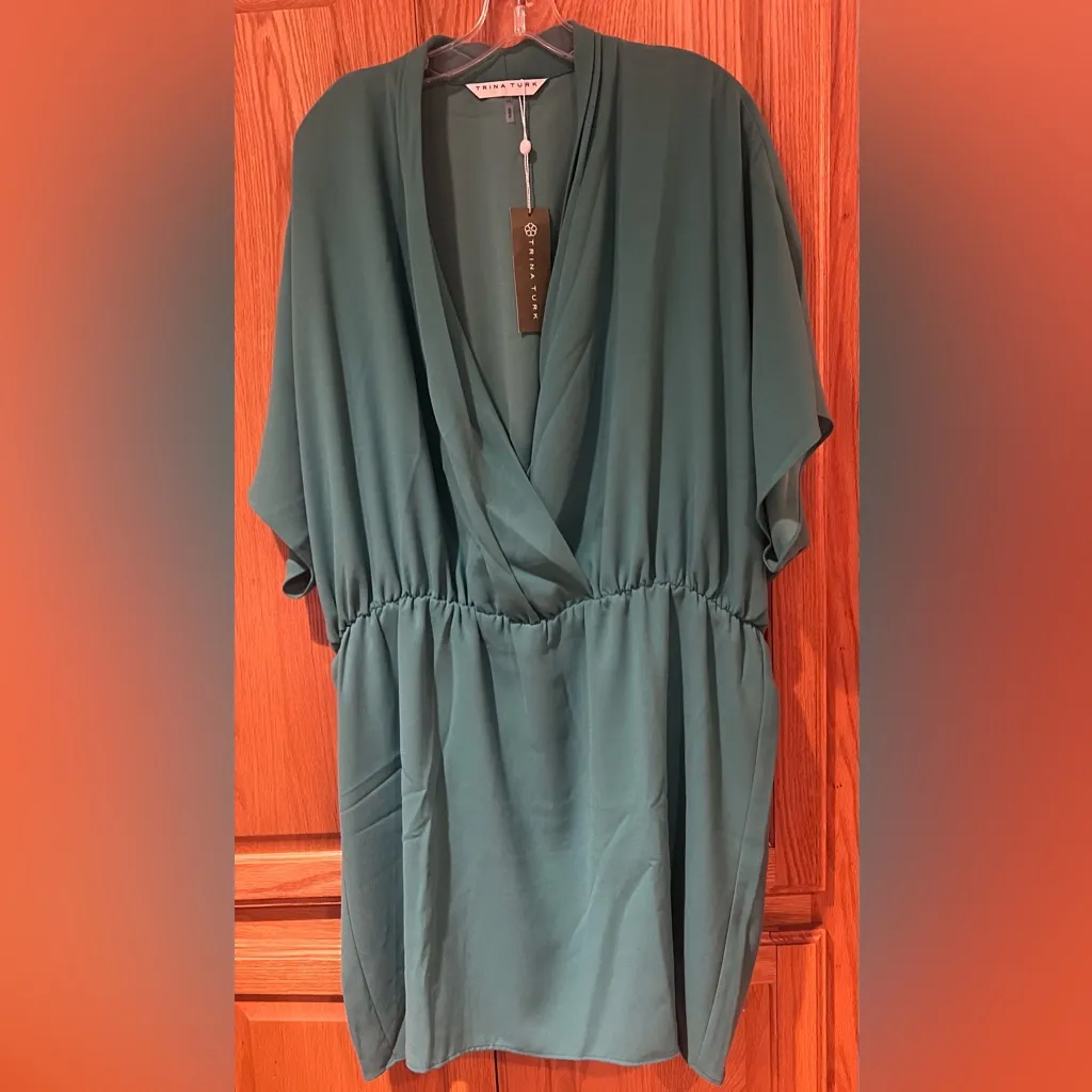 Trina Turk Concourse Surplice Elasticated Blouson Mini Dress Atlantic Size XXL‎ - Image 4