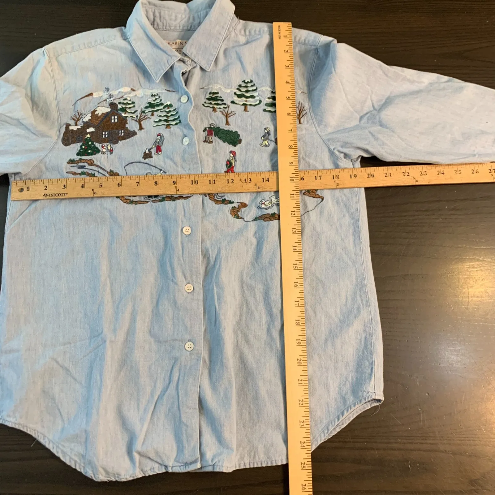 Karen Scott Women Chambray Shirt Long Sleeve Embroidered Winter Scene Small READ - Image 7