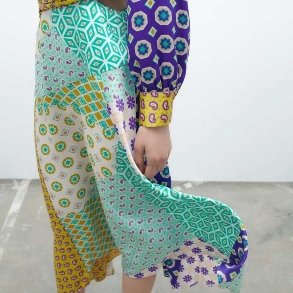 ZARA WOMAN V-NECK LONG CUFFED SLEEVES PATCHWORK PRINT MIDI DRESS S 3164/229 NEW - Image 7