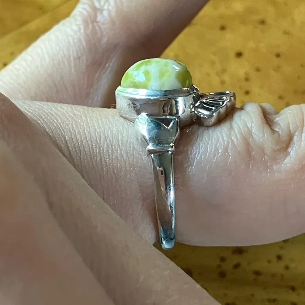 Natural Connemara Marble Sterling Silver Claddagh Ring Size 6 Green - Image 3