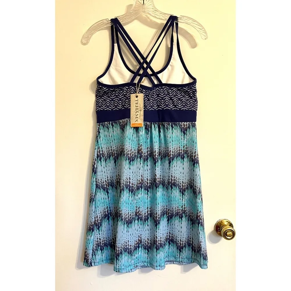 Tehama Tank Racerback Dress Stretch Strap Midi Turquoise‎ Navy Fit Flare, Size S Blue - Image 2