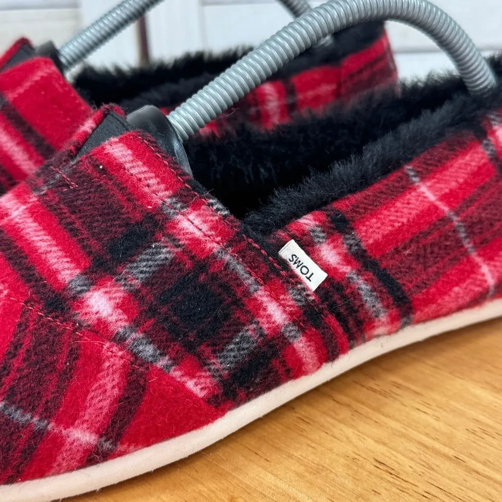 Toms Alpargata‎ Plaid Flannel Fur Lined Slip On Flats Shoes Red Black 10 - Image 7