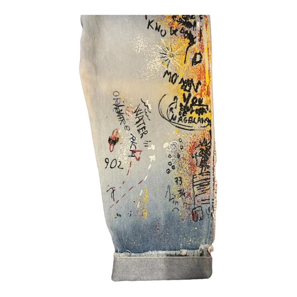 Vintage 80's/ 90’s CLIO Graffiti Painted Cropped raw folded hem Jeans size 8 Blue - Image 14