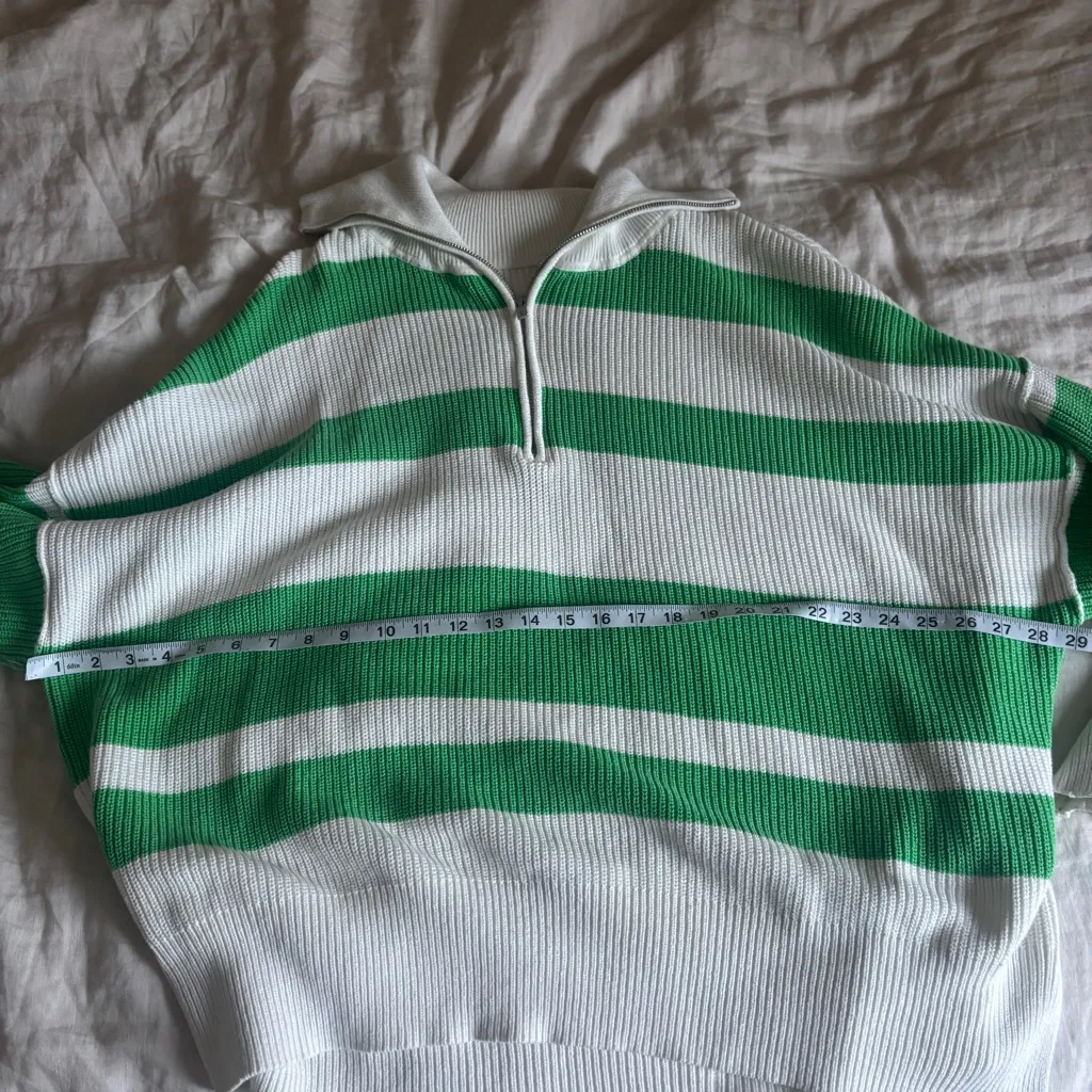 Aerie Beyond Quarter Zip Sweater Green and White Polo Stripe Oversized Size XL - Image 9