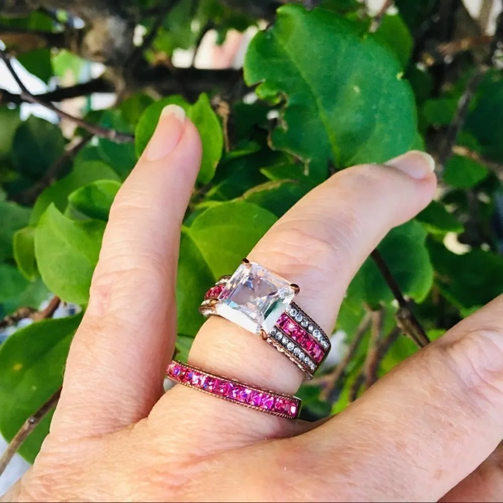 Pink & Clear CZ Stackable Ring Set – Coffee Stainless Steel, Size 8 Brown - Image 5