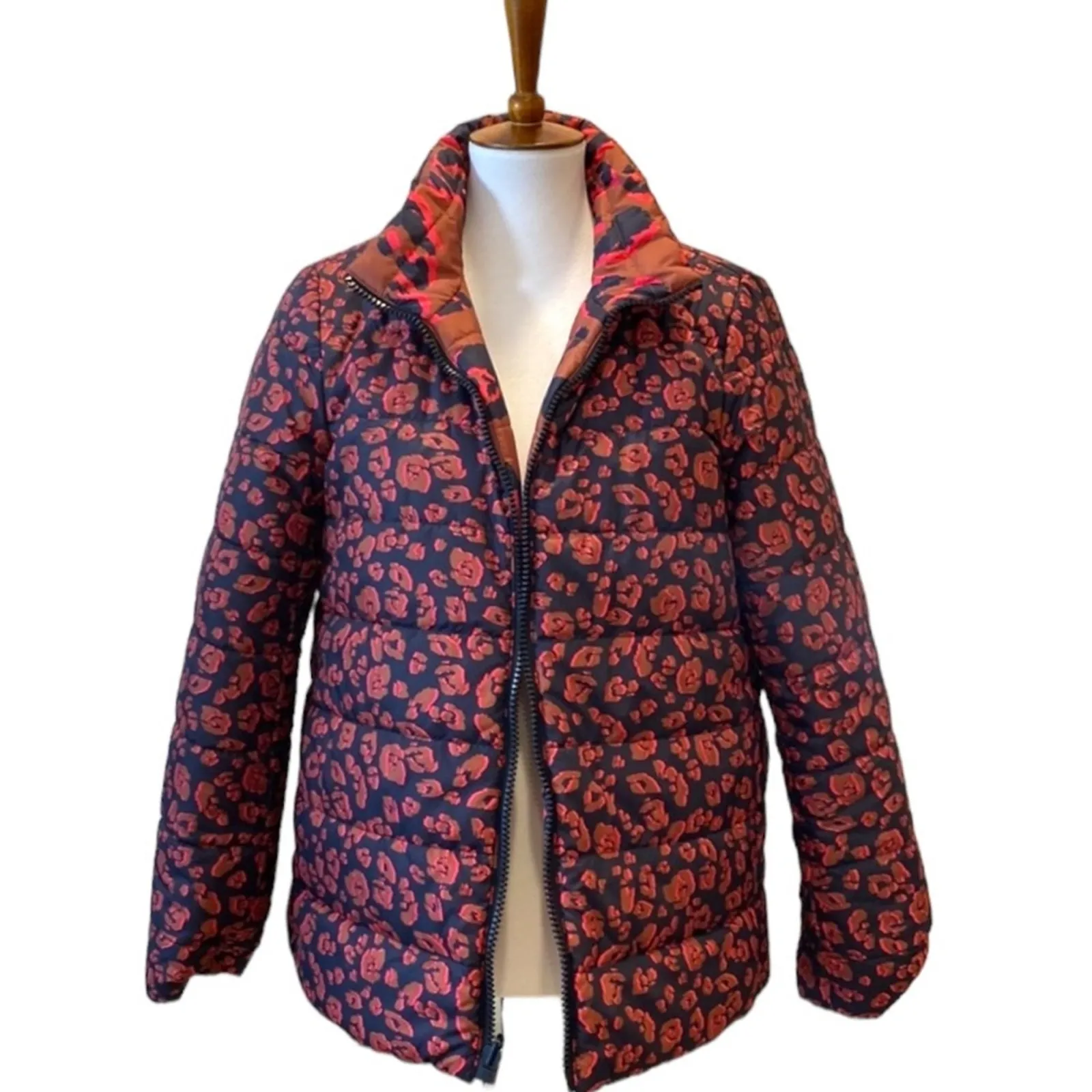 Womens Large Puffer Jacket Coat Leopard LOGO by Lori Goldstein Cheetah Boho Anim - Image 12