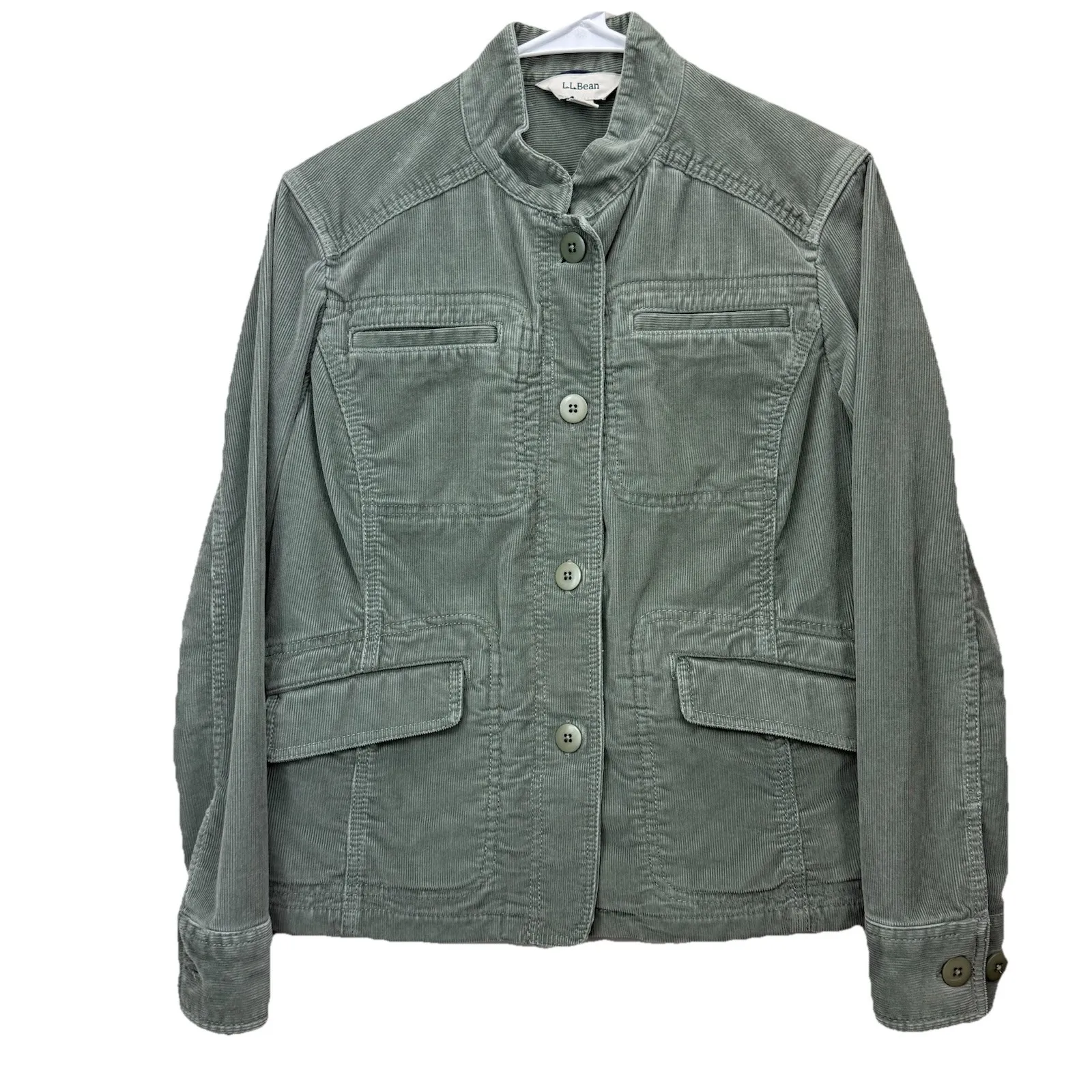 LL Bean Green Button Up Corduroy Jacket Pockets Size SMALL PETITE - Image 2