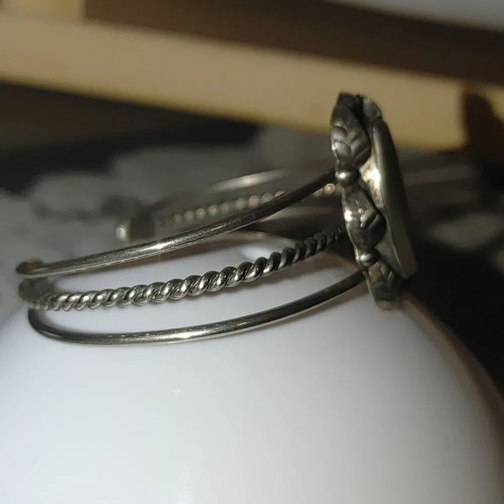 Vintage Silver Tone Cuff Bracelet Ornate Mother Of Pearl Inlay Twisted Rope Desi - Image 8