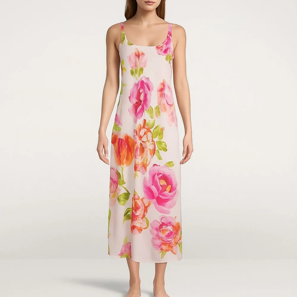 Natori South Pacific Floral Robe & Slip Nightgown Set Pink Orange Ivory Size S M - Image 9