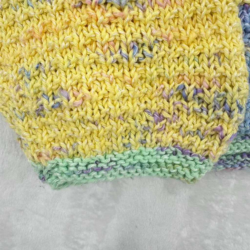 Chunky Hand Knit Pastel Blue Yellow Sweater V Neck Pullover Vintage Homemade XL - Image 5