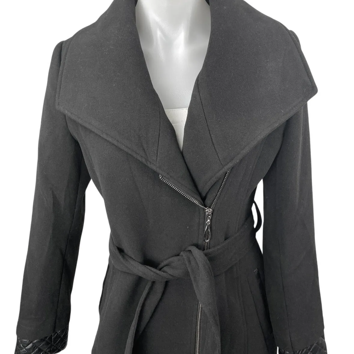 ASM Asmanto Black Zip Up Long Sleeve Wide Collar Belted Trench Coat Jacket Sz 8 - Image 3