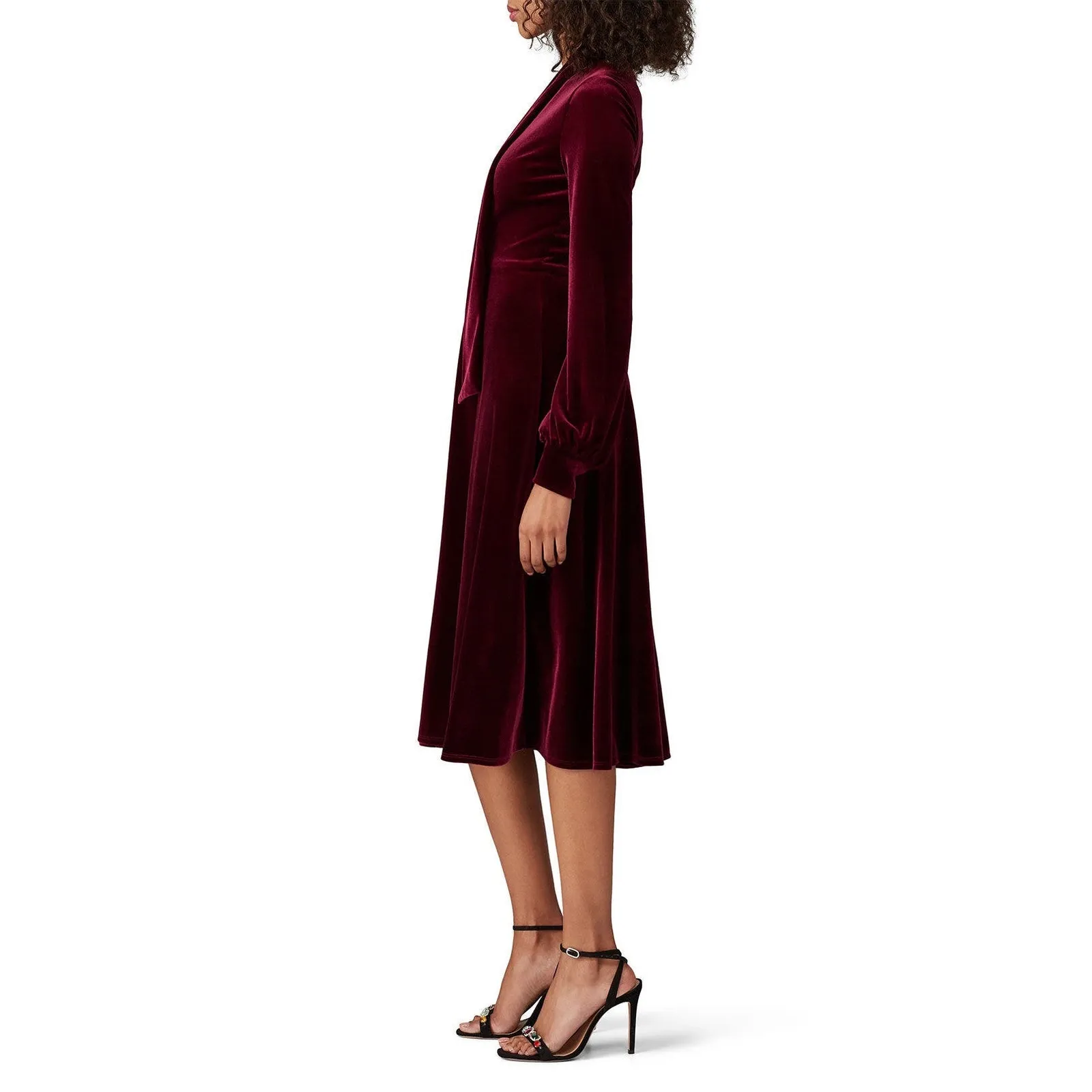 Black Halo Dark Red Velvet Ruby Bishop Long Sleeve Tie Neck Midi Dress Size 2 - Image 2