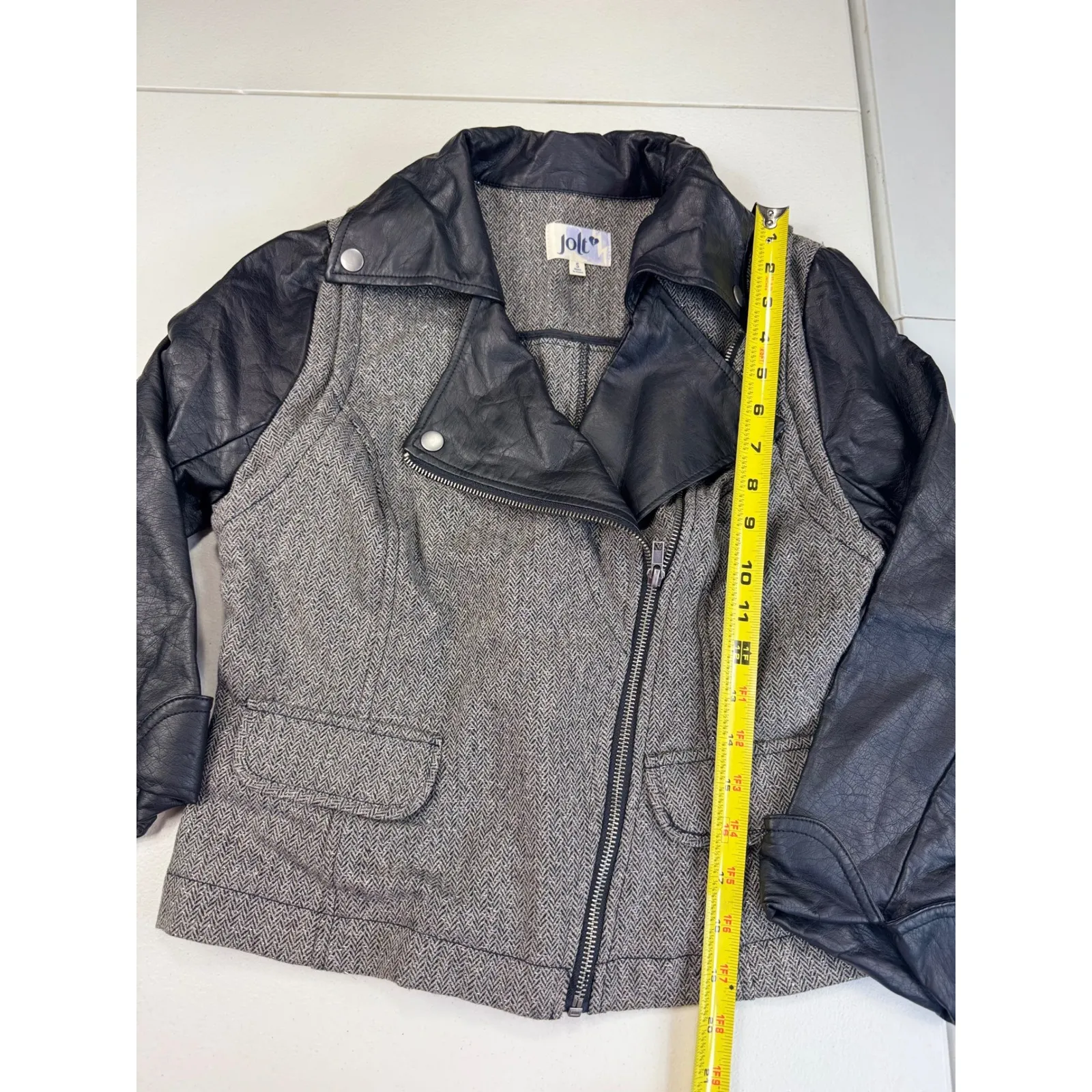 Jolt Moto Jacket Small Herringbone Tweed Faux Leather Sleeves Asymmetrical Zip s - Image 8