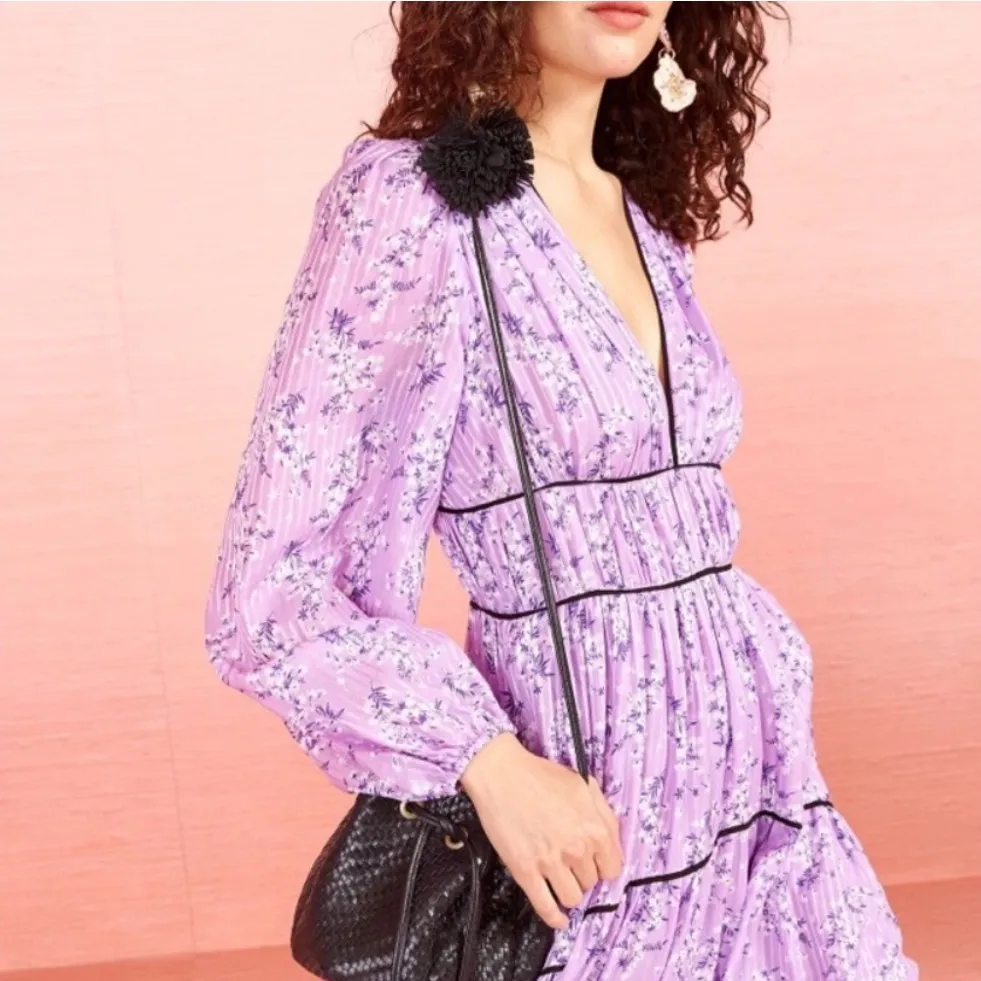 NWOT ULLA JOHNSON Joan Gathered Floral Silk Jacquard Midi Dress In Lilac Size 2 - Image 3