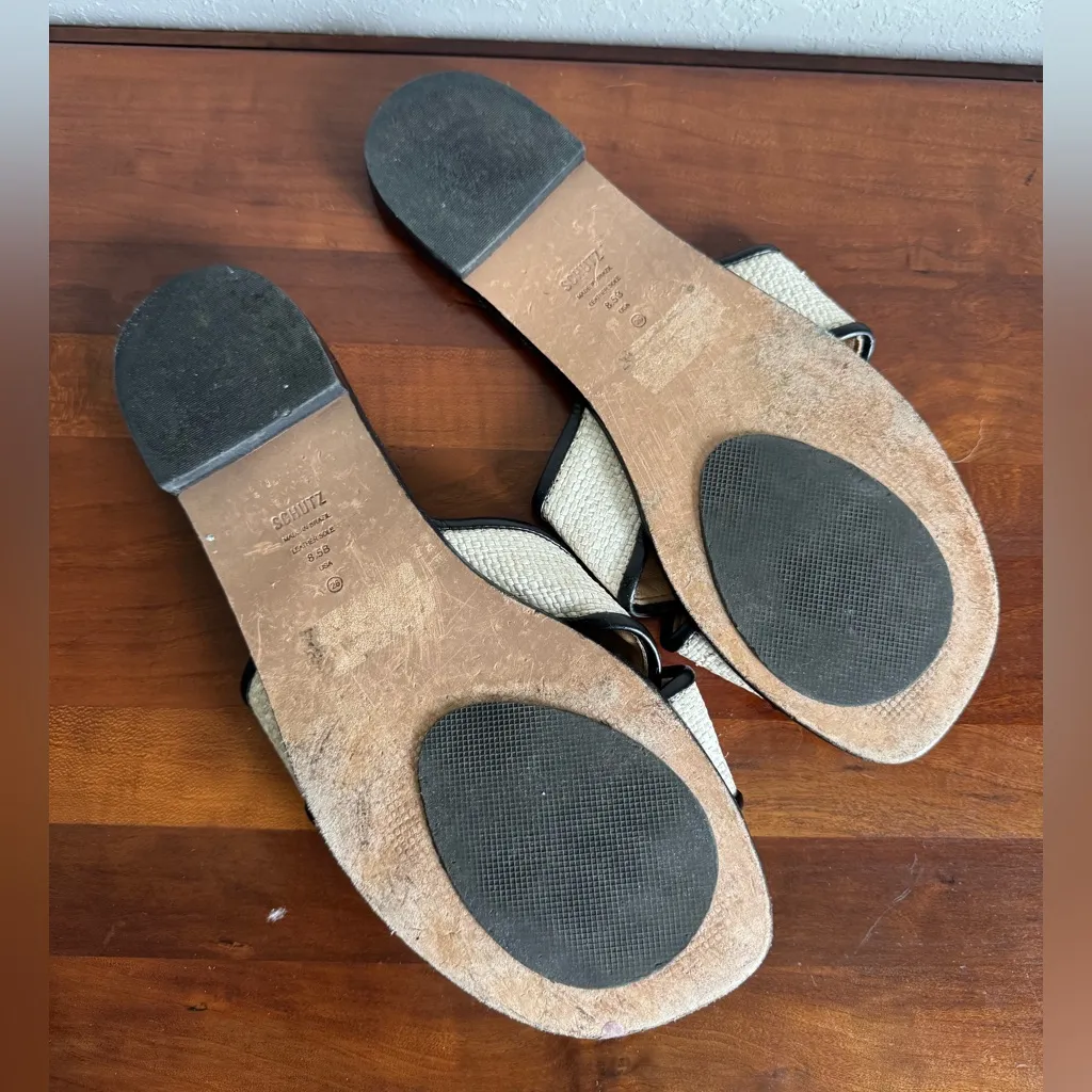 Schutz Nude Straw Alita Crisscross Slip On Flat Sandals Womens 8.5B Summer - Image 4