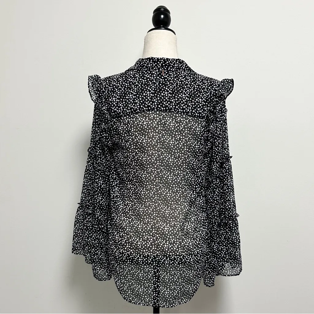 Misa Black White Polka Dot Sheer Button Up Bell Ruffle Sleeve Hi Lo Blouse XS - Image 7