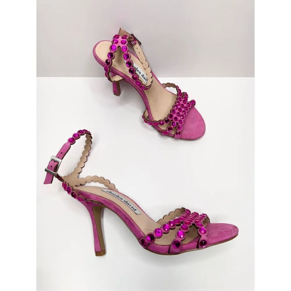 Charles David Sandals Ladies Size 5 Pink Rhinestones Suede Ankle Strap Heels - Image 8