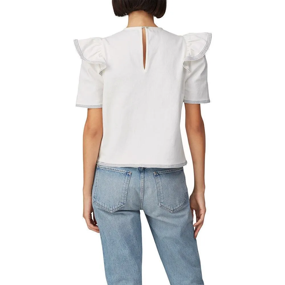 Saylor Short Sleeve Harriette Denim Ruffle Top in White size Small - Image 8