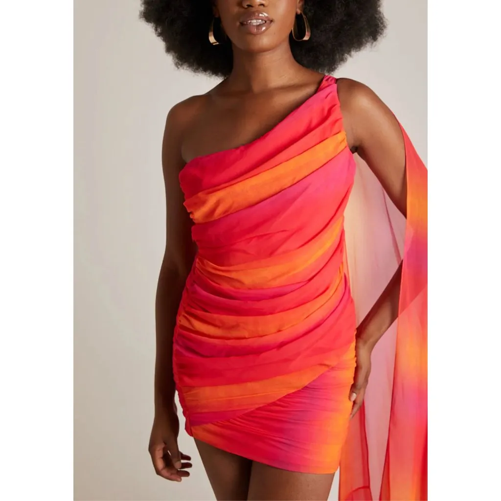 YAURA Folake Dress in Sunset Print Medium New Womens Ruched Cocktail Pink - Image 12
