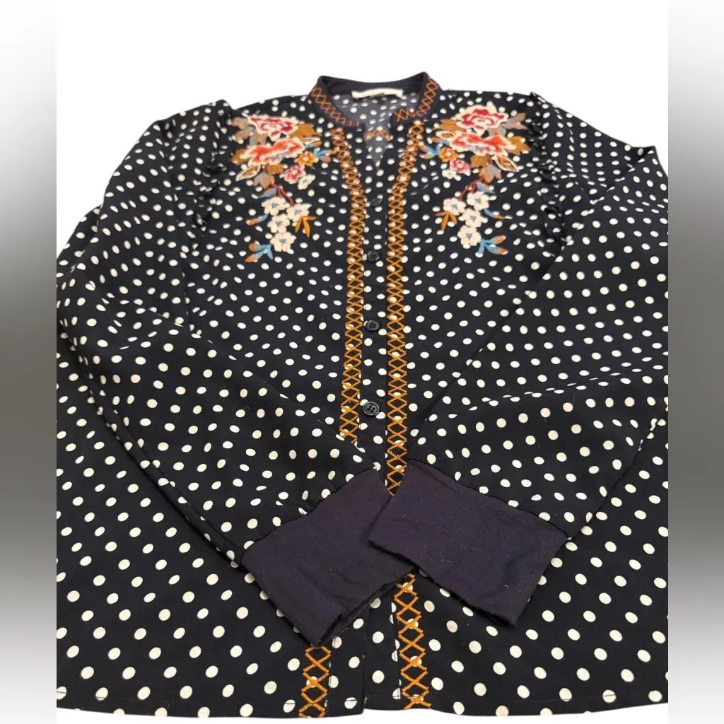 THML Navy White Polka Dot Floral Embroidered Ruffle Shoulder Blouse Size Small - Image 3