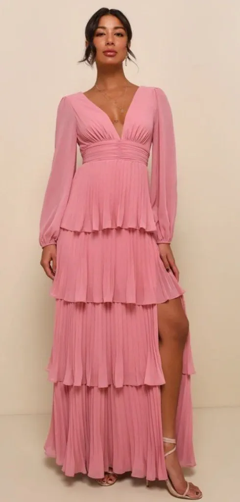 Lulus Graceful Finesse Dusty Rose Pleated Long Sleeve Maxi Dress Size L - Image 2