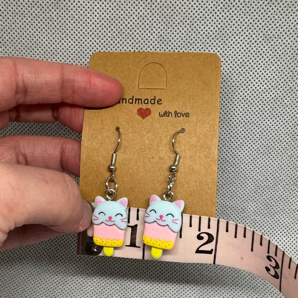 Handmade Cat Ice Cream Bar Earrings Whimsical Design Yellow - Image 4