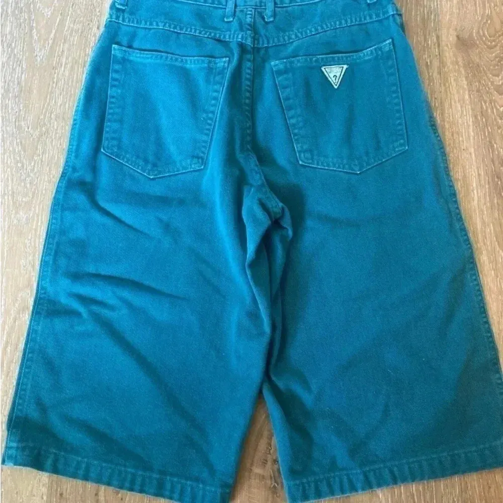 Vintage 90s Guess Shorts‎ Size 16/28 Green Denim Green Triangle Georges Marciano - Image 2