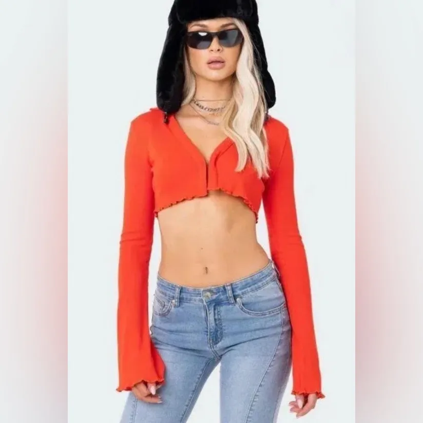 Red orange Edikted waffle knit cropped long sleeve collared top - Image 2