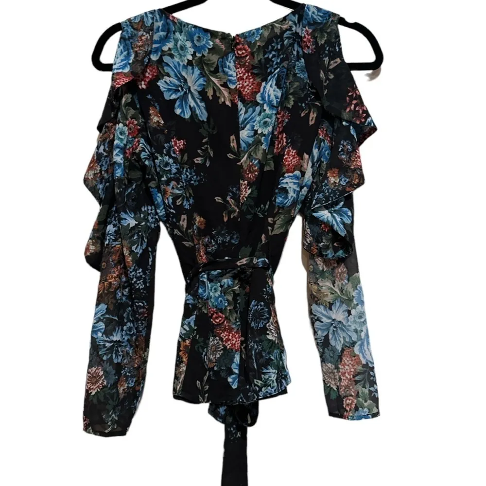 LPA FLORAL ROMANTIC WHIMSY GOTH BLACK BLUE COLD SHOULDER RUFFLED LONG SLEEVE TOP - Image 6