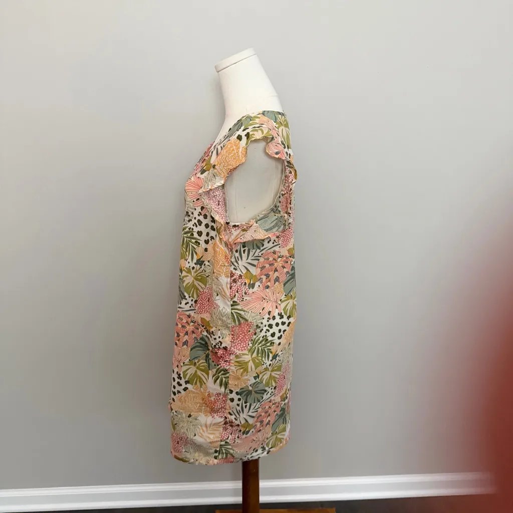 C&C California Dress 100% Linen Flutter Ruffle Sleeve Botanical Tropical Palms - Image 5