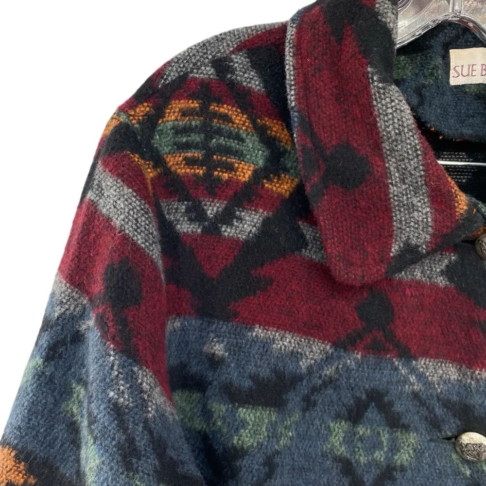 Vintage Sue Brett Southwestern Aztec Wool Shacket Jacket WW1 Military Buttons Red Size 1X - Image 10