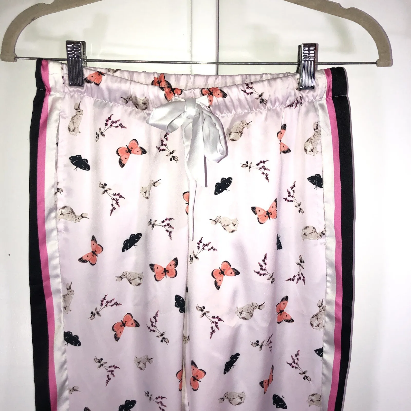 Victoria Secret Satin Pajama Lounge Pants Pink Bunny Butterfly Floral Pinstripe - Image 2