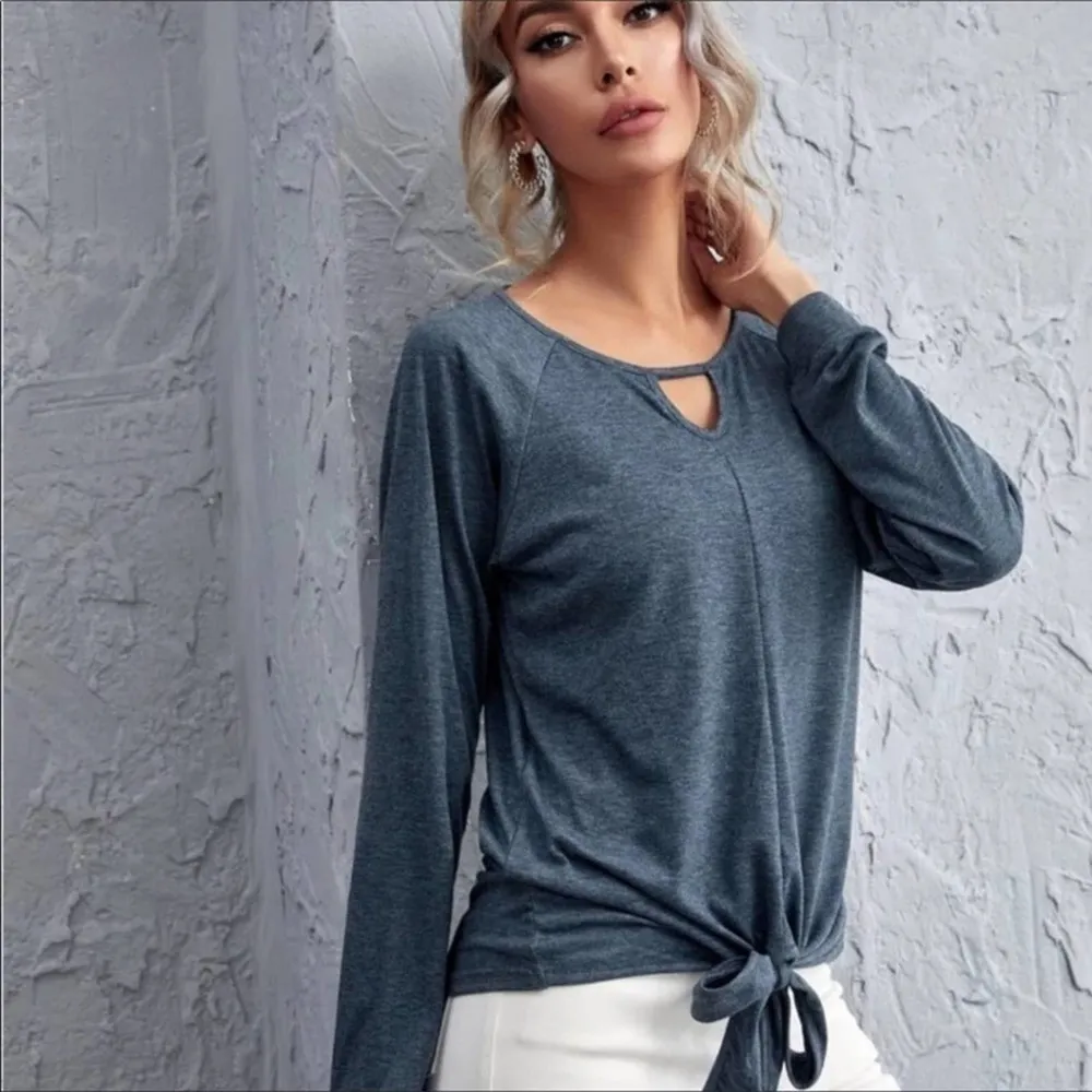 Keyhole Blue Hue Self Tie Front Long Sleeve Shirt - Image 3