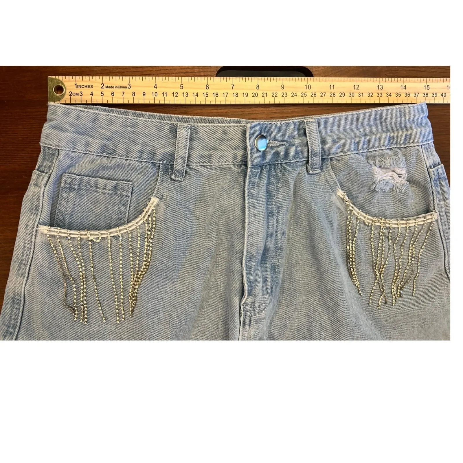 Harper Heritage Denim Shorts Rhinestone Fringe Cut Off Distressed Light Wash 28 Blue - Image 6