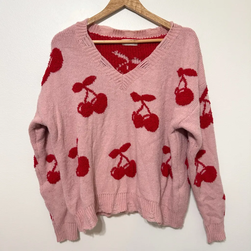 Altar'd State Cherries Pink V-Neck Sweater Distressed Size Medium Red - Image 2
