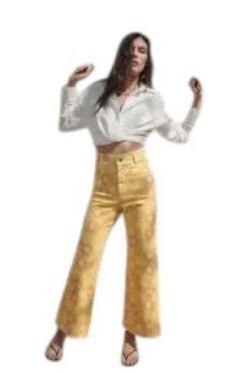 Zara Marine Straight High Waisted Yellow Sun Flower Denim Jean Sz 4 Ragged Hem - Image 10