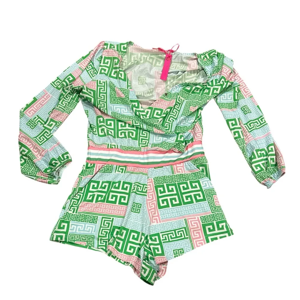 Macbeth Collection Margaret Josephs VNeck Cross Cross Long Sleeve Green Romper S - Image 2